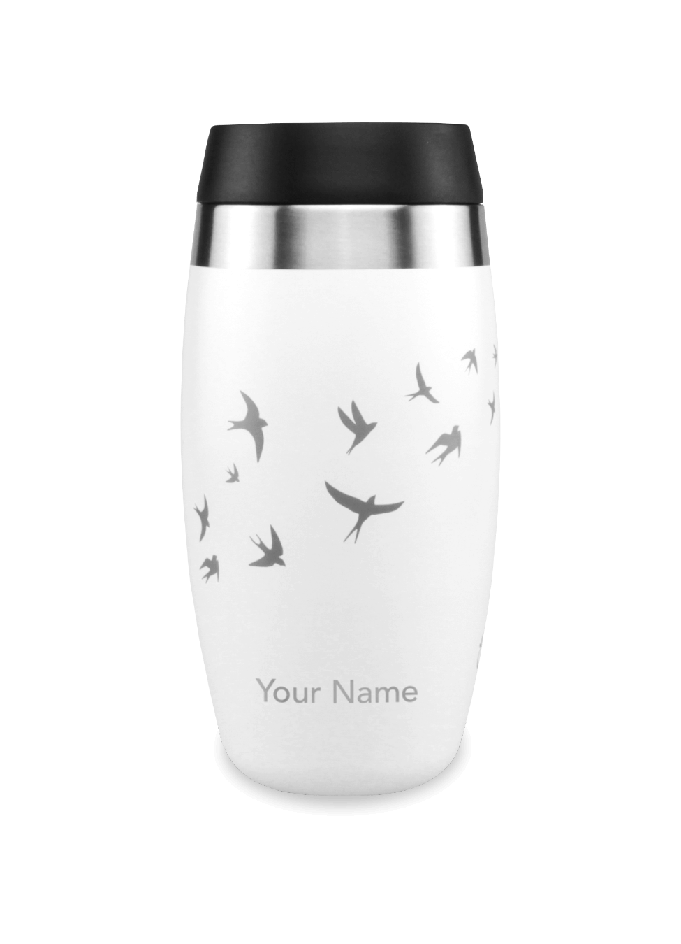 White personalised travel mug with bird design
