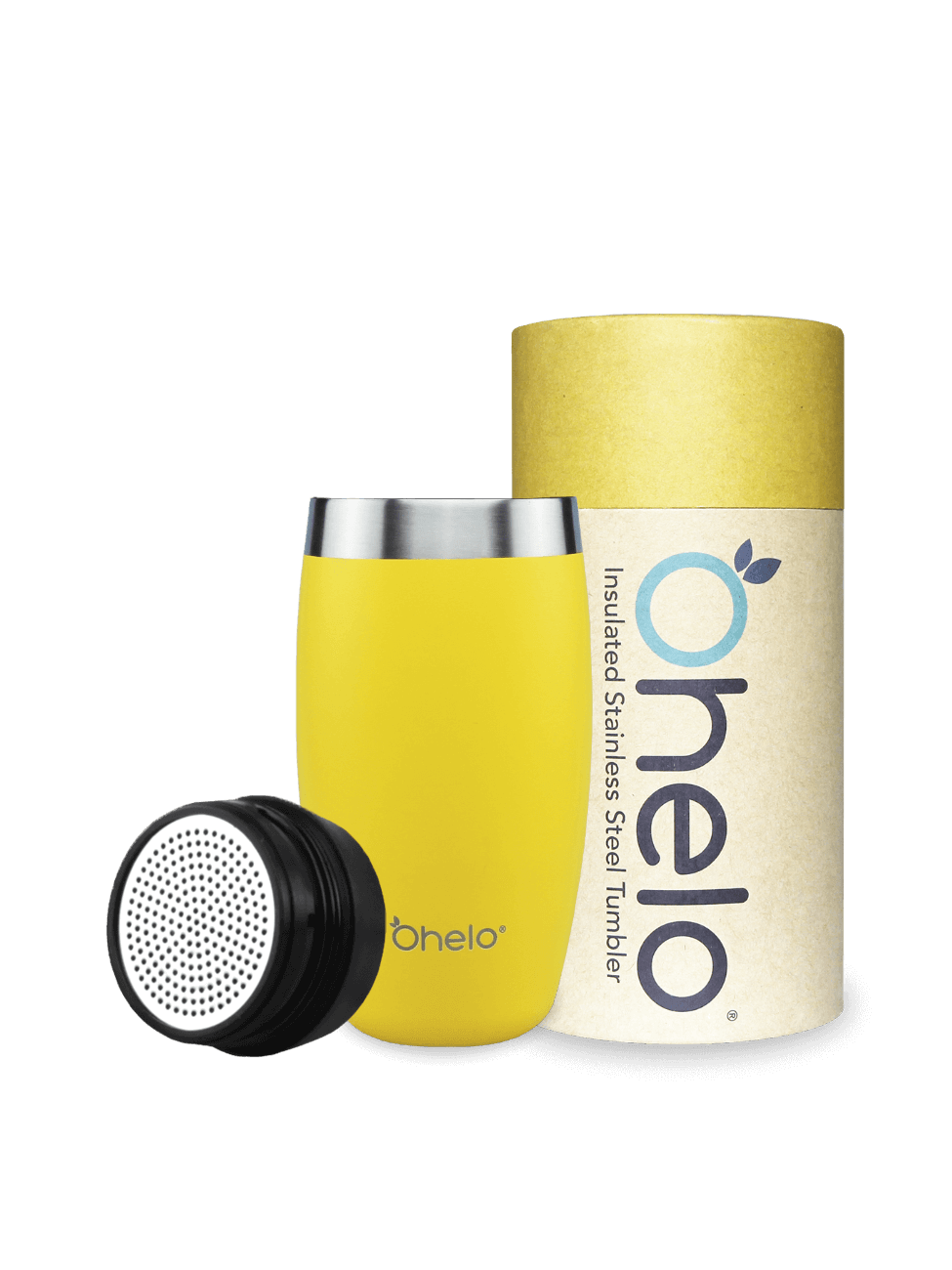 Ohelo dishwasher safe travel mug in yellow with removable tea strainer and recycled packaging