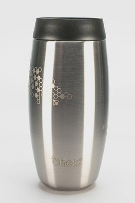 Ohelo leakproof reusable coffee cup in stainless steel with laser etched bee and honeycomb design rotational video