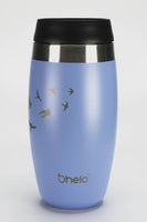 Rotational video of Ohelo leakproof reusable coffee cup in blue with laser etched swallows design