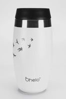 Rotational video of Ohelo leakproof reusable coffee cup in white with laser etched swallows design