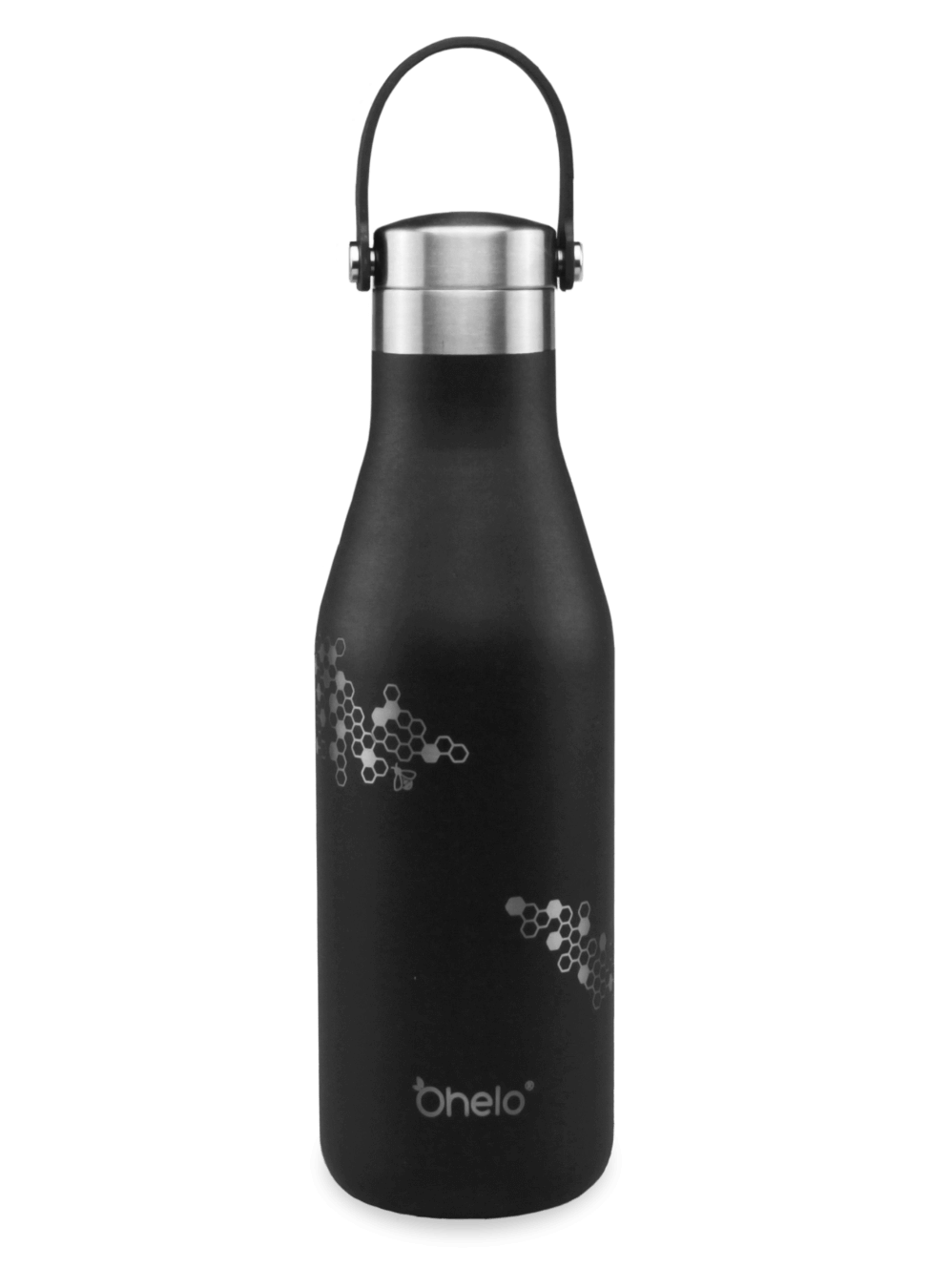 Leakproof reusable black water bottle with laser etched honeycomb and bee