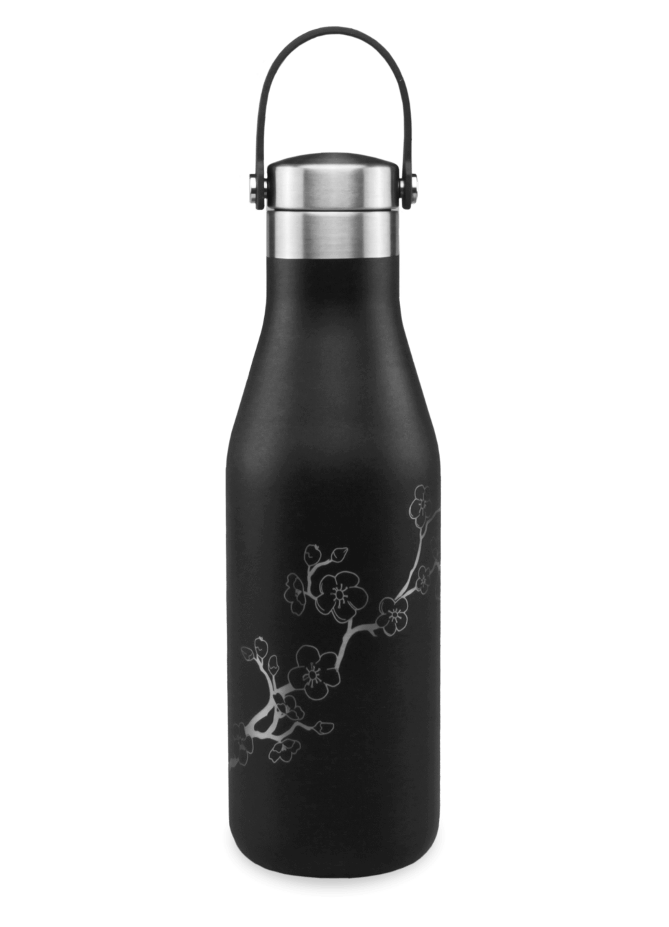 Metal water bottle with carry strap black with laser etched cherry blossom