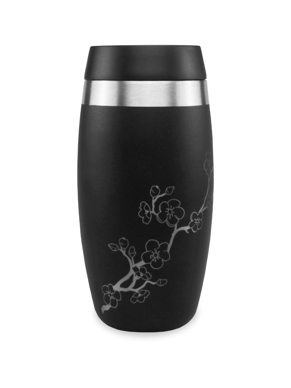 Ohelo insulated travel mug in black with laser etched  cherry blossom