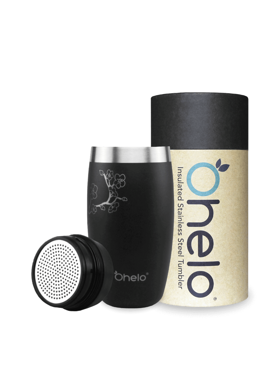 Ohelo insulated tumbler in black cherry blossom design with recycled packaging