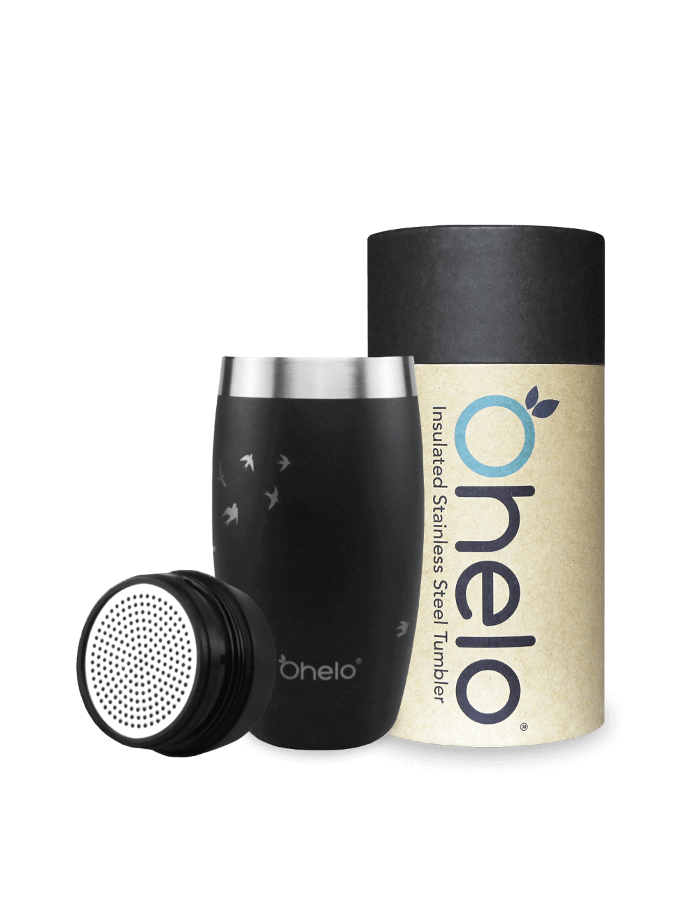 Ohelo insulated tumbler in black with bird design with recycled packaging