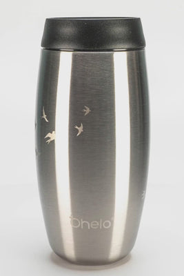 Rotational video of Ohelo leakproof reusable stainless steel coffee cup with laser etched swallow birds design