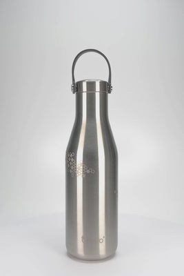Ohelo insulated stainless steel water bottle in steel bee design - video showing useful handle and laser etchings