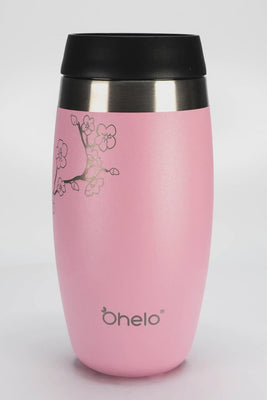Rotational video of Ohelo leakproof reusable coffee cup in pink with laser etched cherry blossom design