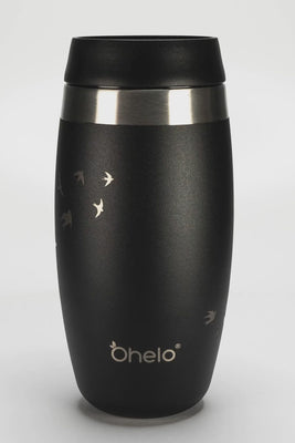 Rotational video of Ohelo leakproof reusable coffee cup in black with laser etched swallows design