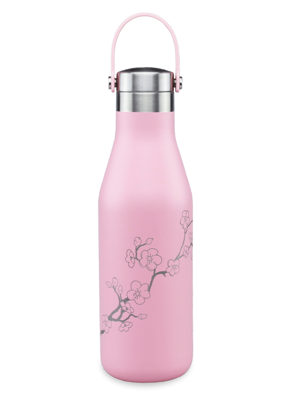refillable thermos water bottle with carry strap pink with laser etched cherry blossom