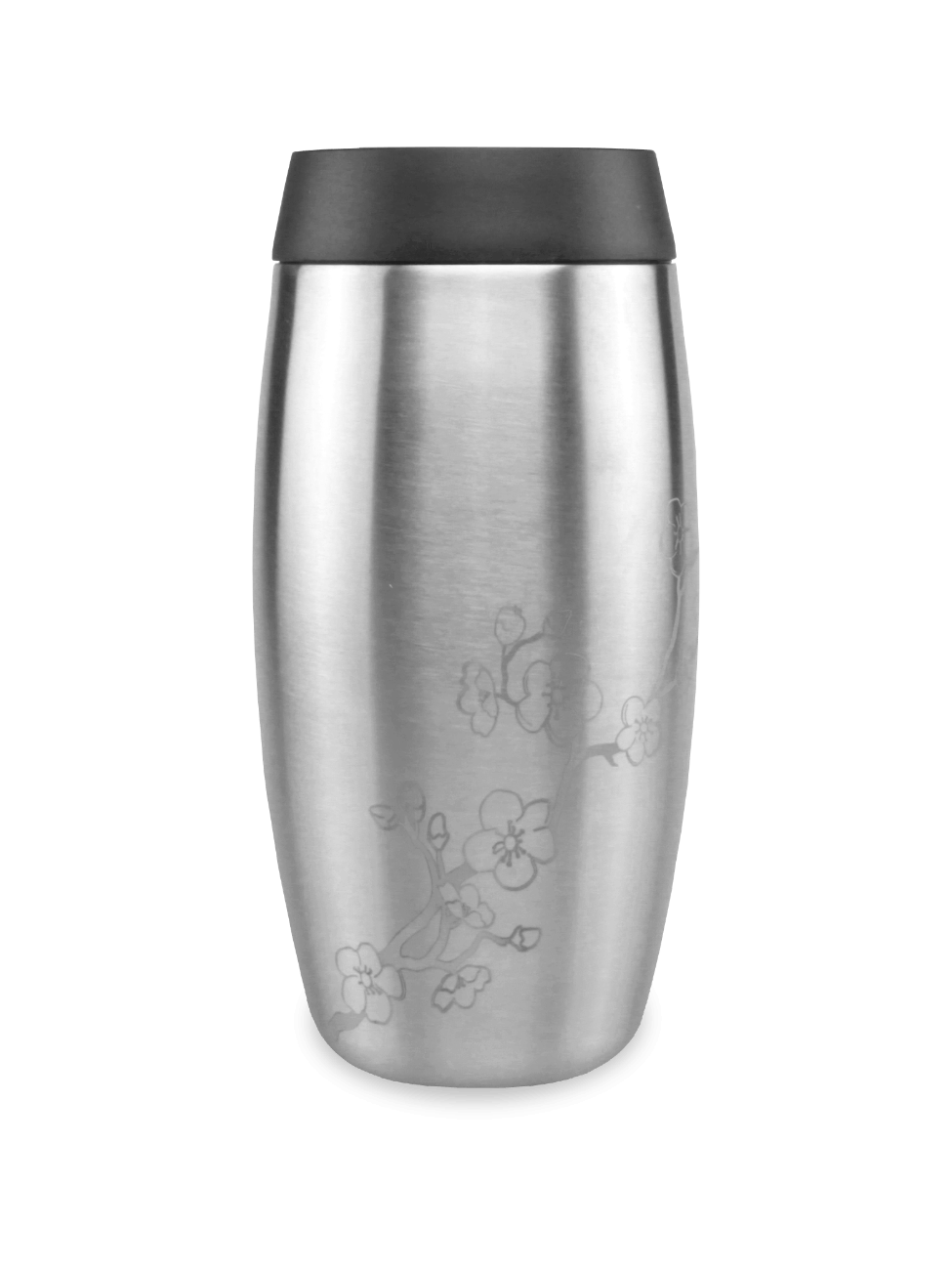 Ohelo thermos steel travel cup with laser etched bee cherry blossom design