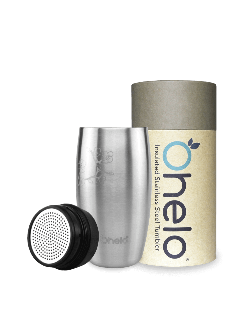 Ohelo insulated tumbler in stainless steel with cherry blossom design with recycled packaging