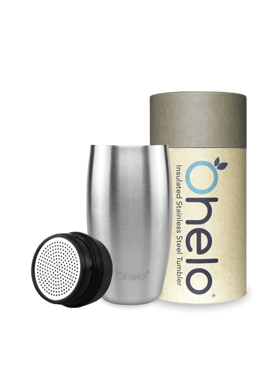 Ohelo insulated travel mug in stainless steel with removable tea strainer and recycled packaging