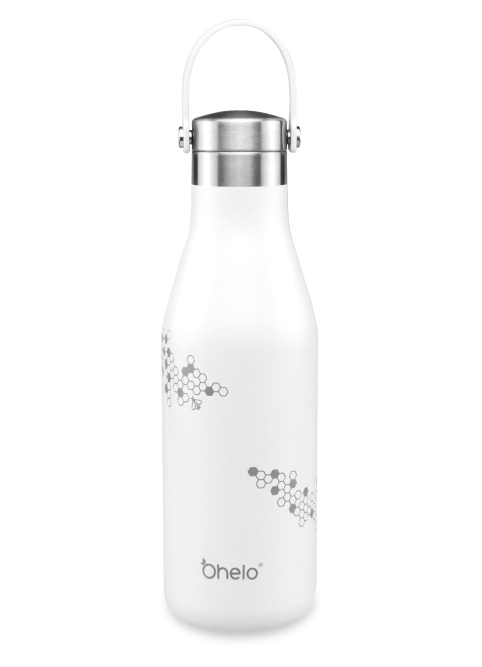 Reusable insulated water bottle white with laser etched honeycomb and bee