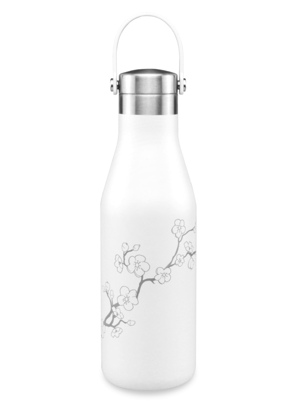 eco friendly refillable metal water bottle white with laser etched cherry blossom 