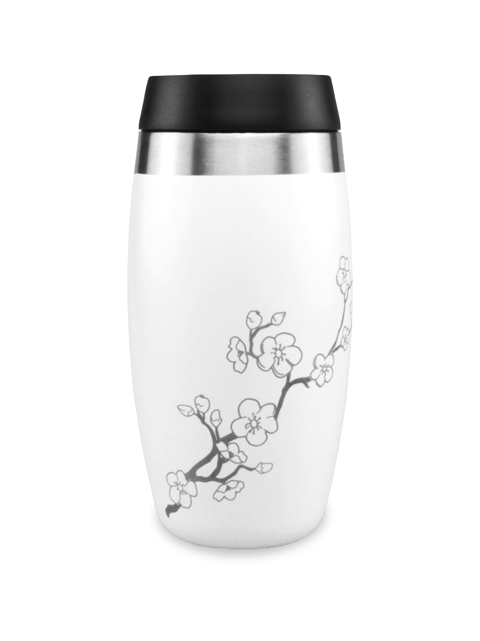 Ohelo dishwasher safe thermos travel cup in white with laser etched cherry blossom