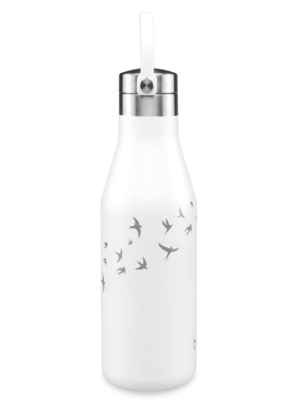 white Ohelo reusable bottle with carry strap 500ml and laser etched swallows