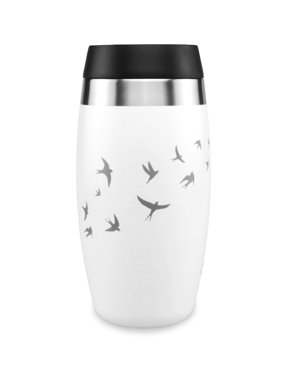 Ohelo leakproof white reusable coffee cup with laser etched swallows design