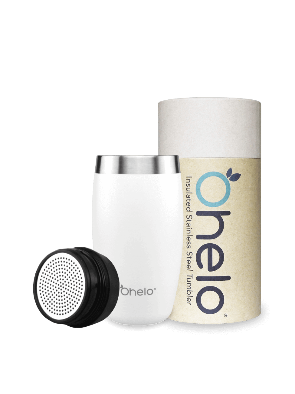 Ohelo insulated travel mug in white with removable tea strainer and recycled packaging
